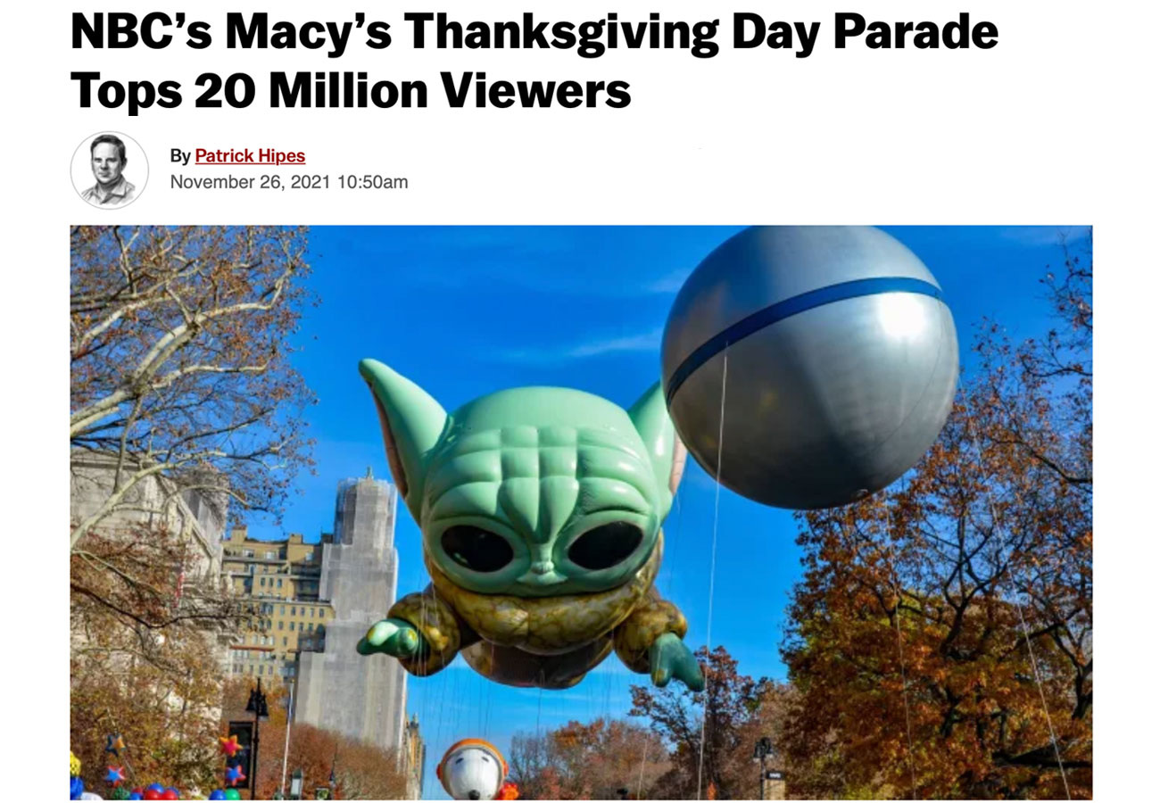 NBC’s Macy’s Thanksgiving Day Parade Tops 20 Million Viewers